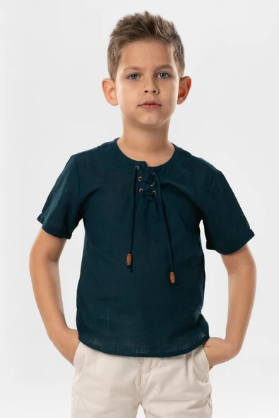 Kısa Kol Şile Bezi Zımbalı Yazlık Erkek Çocuk Tshirt Koyu Petrol 3069 ürün görseli 1