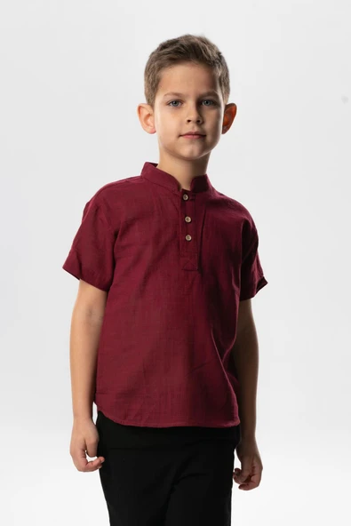 Kısa Kol Şantuklu Pamuk Bodrum Yazlık Erkek Çocuk Tshirt Koyu Bordo 3068 ürün görseli 1