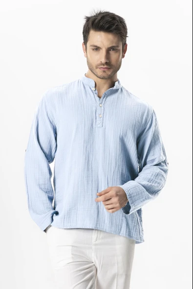 Uzun Kol Hakim Yaka Müslin Yazlık Sweatshirt Buz Mavi Bmv ürün görseli 1