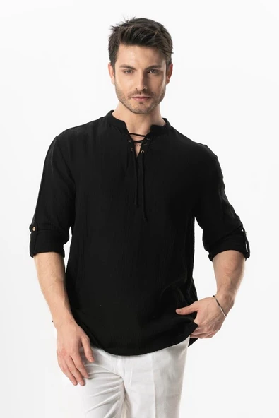 Uzun Kol Doruk V Yaka Bağcıklı Müslin Erkek Yazlık Tshirt Siyah Syh ürün görseli 1