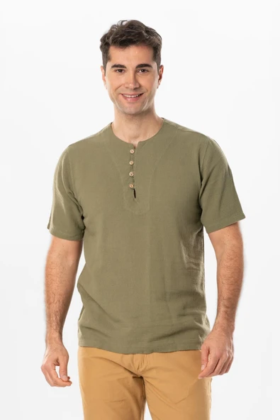 Halikarnas Kısa Kol Violet Düğme Detaylı Erkek Yazlık Tshirt Haki Hk ürün görseli 1