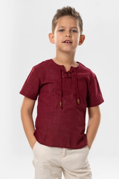 Kısa Kol Şile Bezi Zımbalı Yazlık Erkek Çocuk Tshirt Koyu Bordo 3068 ürün görseli 1