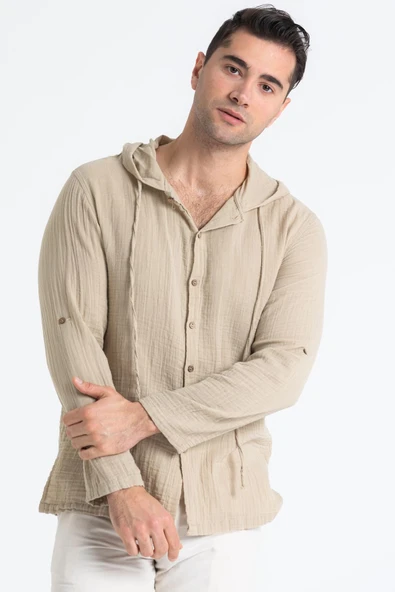 Uzun Kol Erkek Kapüşonlu Yazlık Müslin Sweatshirt Vizon Vzn ürün görseli 1