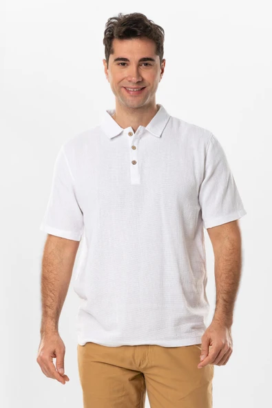 Violet Kısa Kol Foça Düğmeli Erkek Yazlık Tshirt Beyaz Byz ürün görseli 1