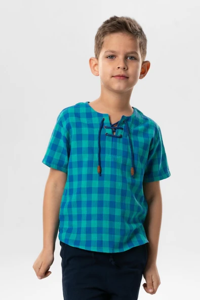 Kısa Kol Şile Bezi Zımbalı Yazlık Erkek Çocuk Tshirt Mint Kareli 3033 ürün görseli 1