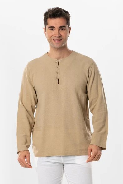 Halikarnas Uzun Kol Violet Düğme Detaylı Erkek Yazlık Tshirt Vizon Vzn ürün görseli 1