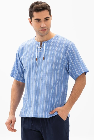 Kısa Kol Şile Bezi Zımbalı Erkek Yazlık Tshirt Mavi Beyaz Çizgili 3019 ürün görseli 1