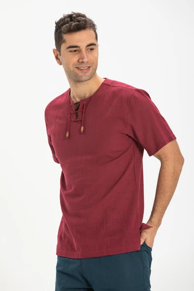 Kısa Kol Şile Bezi Zımbalı Erkek Yazlık Tshirt Koyu Bordo 3068 ürün görseli 1
