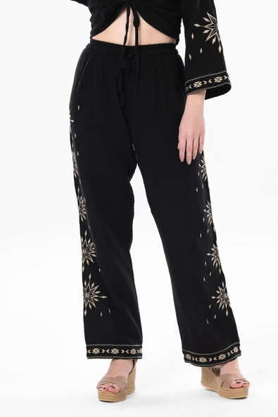 Beli Lastikli Günışığı Yazlık Müslin Pantolon Siyah Syh ürün görseli 1