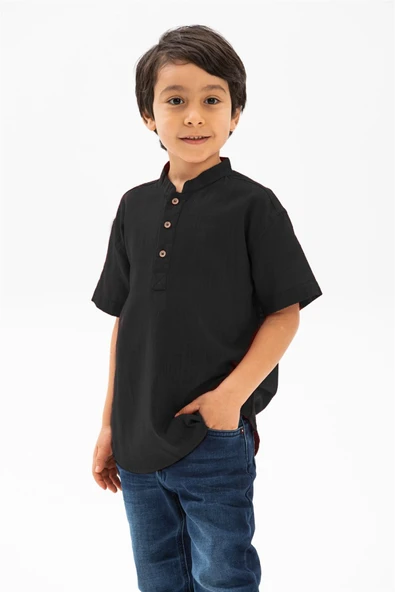Kısa Kol Şantuklu Pamuk Bodrum Yazlık Erkek Çocuk Tshirt Siyah 3003 ürün görseli 1