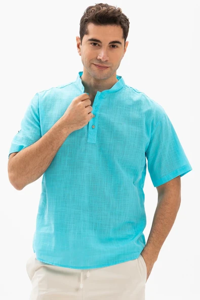 Kısa Kol Şantuklu Pamuk Bodrum Erkek Yazlık Tshirt Açık Turkuaz 3075 ürün görseli 1