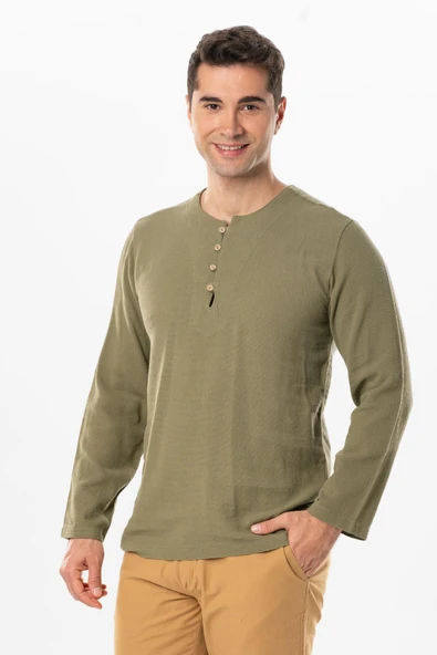 Halikarnas Uzun Kol Violet Düğme Detaylı Erkek Yazlık Tshirt Haki Hk ürün görseli 1