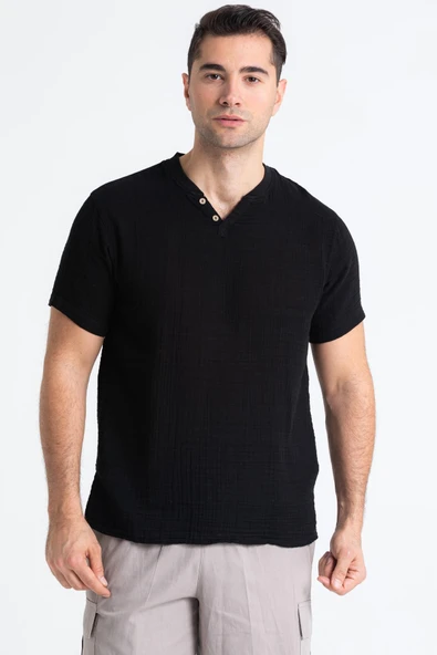 Kısa Kol Erkek Ribanalı Yazlık Müslin Tshirt Siyah Syh ürün görseli 1