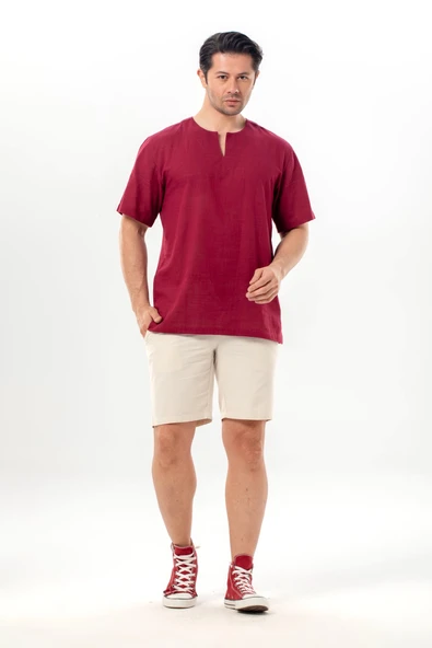 Kısa Kol Şile Bezi Bisiklet Yaka Erkek Yazlık Tshirt Koyu Bordo 3068 ürün görseli 1