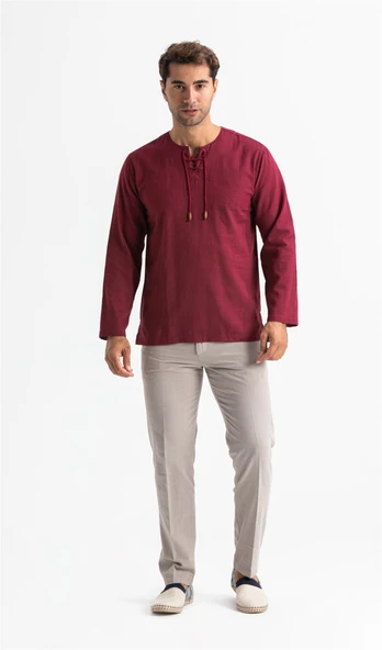 Büyük Beden Şile Bezi Uzun Kol Zımbalı Erkek Yazlık Tshirt Koyu Bordo 3068 ürün görseli 1