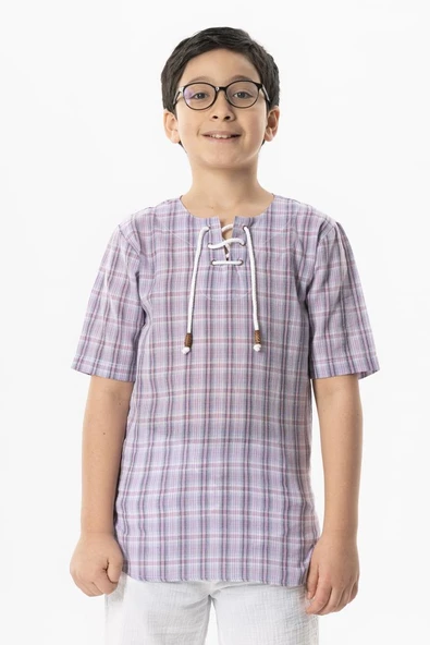 Kısa Kol Şile Bezi Zımbalı Yazlık Erkek Çocuk Tshirt Lila Ekose 3036 ürün görseli 1