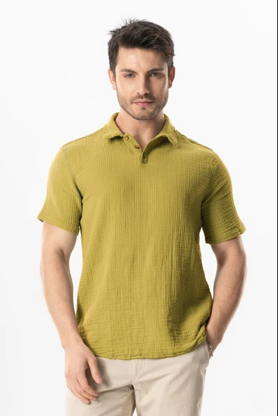 Kısa Kol Polo Yaka Müslin Yazlık Tshirt Yağ Yeşili Ygysl ürün görseli 1