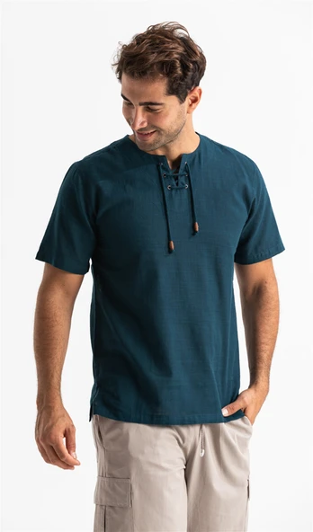 Kısa Kol Şile Bezi Zımbalı Erkek Yazlık Tshirt Koyu Petrol 3069 ürün görseli 1