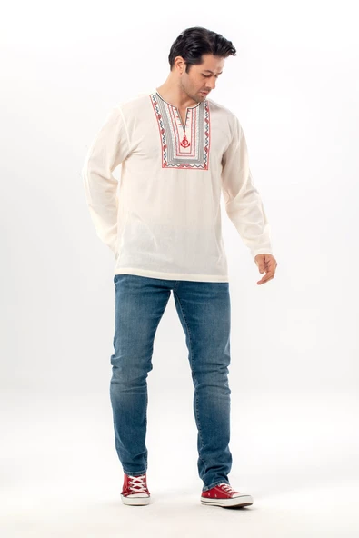 Uzun Kol Şile Bezi Bisiklet Yaka Bahriyeli Erkek Yazlık T-shirt Krem 3002 ürün görseli 1