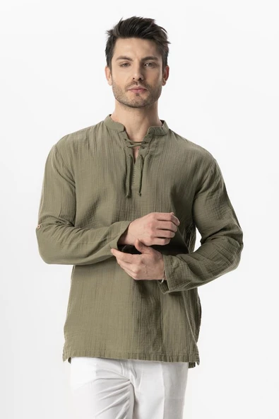 Uzun Kol Doruk V Yaka Bağcıklı Müslin Erkek Yazlık Tshirt Haki Hk ürün görseli 1