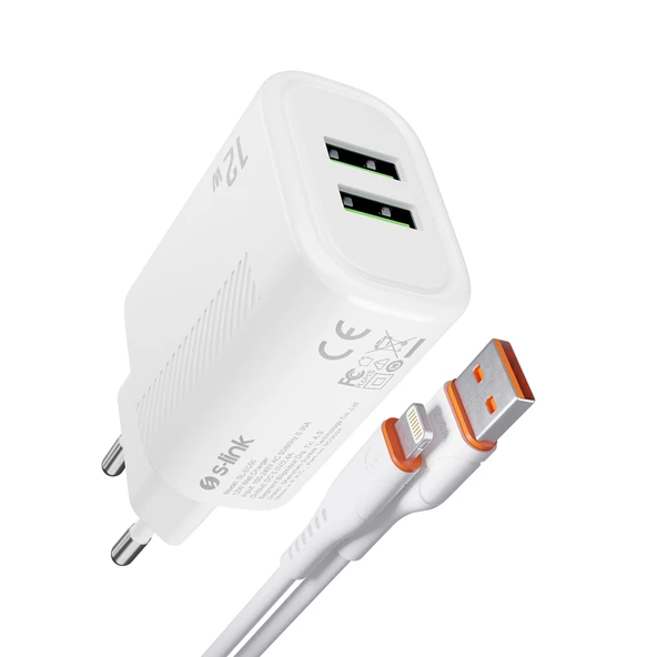 S-Link Sl-Ec50 (Sl-Ec50T) 5V 2400Ma Type-C Kablolu 2 Usb Çıkışlı Beyaz Ev Şarj Adaptörü ürün görseli 1