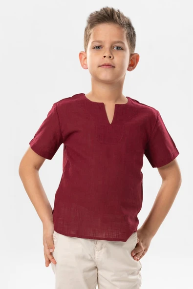 Kısa Kol Şile Bezi Bisiklet Yaka Yazlık Erkek Çocuk Tshirt Koyu Bordo 3068 ürün görseli 1