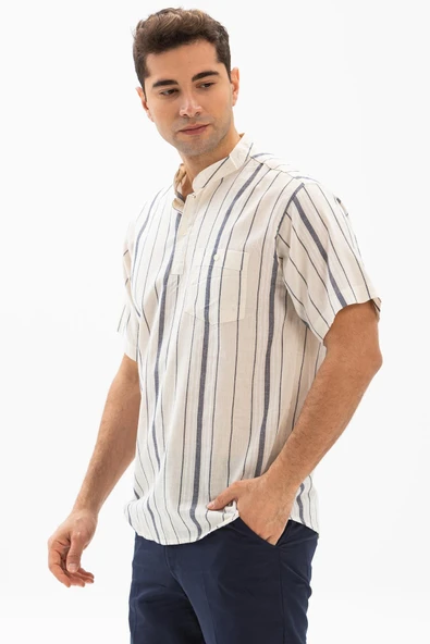 Kısa Kol Şile Bezi Tek Cepli Hakim Yaka Erkek Yazlık Tshirt Ekru Gri Çizgili 3028 ürün görseli 1