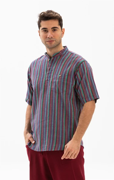 Kısa Kol Şile Bezi Tek Cepli Hakim Yaka Erkek Yazlık Tshirt Mor Çizgili 3072 ürün görseli 1