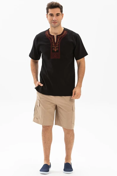 Kısa Kol Şile Bezi Bisiklet Yaka Etnik Erkek Yazlık T-shirt Siyah Syh ürün görseli 1