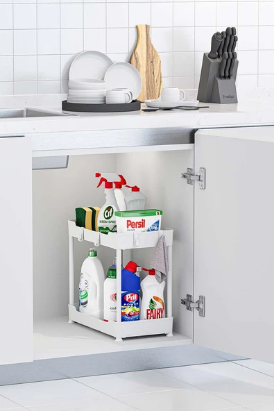 Beyaz 2 Katlı Düzenleyici Mutfak ve Banyo Rafı ürün görseli 1