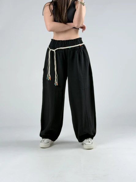 Tasarım Keten Siyah Baggy Pantolon COC2964 ürün görseli 1