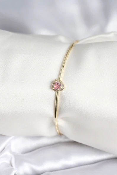 Pembe Zirkon Taşlı Kalp Model Gold Renk Kadın Bileklik ürün görseli 1