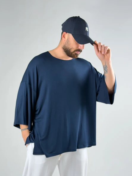 Fakir Kol Lacivert Oversize Viscon T-Shirt COC3026 ürün görseli 1