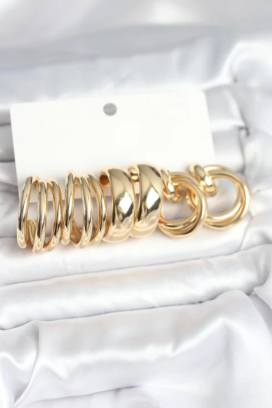 Pirinç Gold Renk 3 Çift Vintage Kadın Küpe Seti - TJ-BKP11382 ürün görseli 1