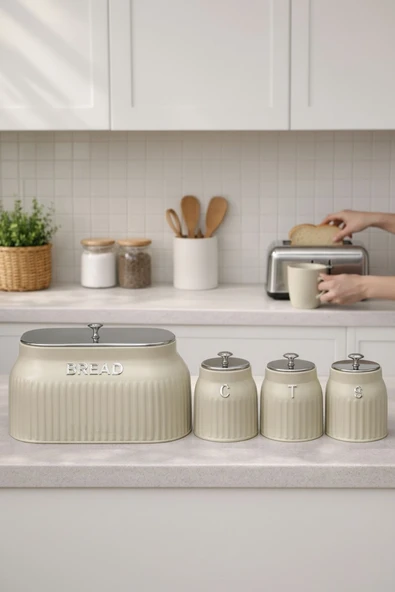 Akayev Retro Lux Line Metal Ekmek Kutusu ve 3'lü Saklama Kabı Krem ürün görseli 1