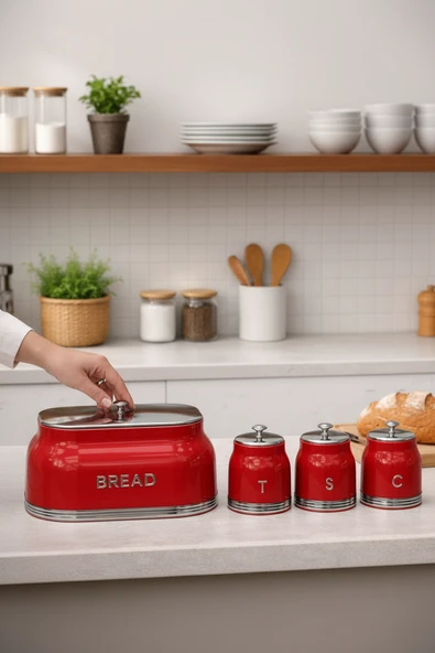 Akayev Retro Lux Metal Ekmek Kutusu ve 3'lü Saklama Kabı Kırmızı ürün görseli 1