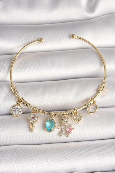 Pirinç Gold Renk Sallantı Zirkon Taşlı AYıcık Figür Kalp Detay Charm Kadın Bileklik ürün görseli 1