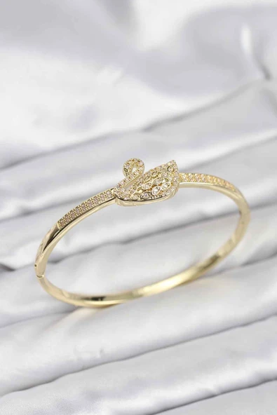 Pirinç Gold Renk Zirkon Taşlı Kuğu Model Kadın Kelepçe Bileklik ürün görseli 1