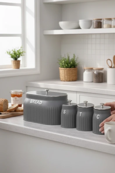 Akayev Retro Lux Line Metal Ekmek Kutusu ve 3'lü Saklama Kabı Gri ürün görseli 1