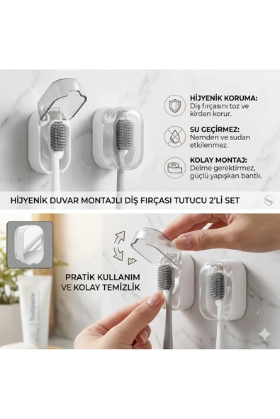 Kendinden yapışkanlı kolay montaj Kapaklı Diş Fırçası Tutucu 2'li Set ürün görseli 1