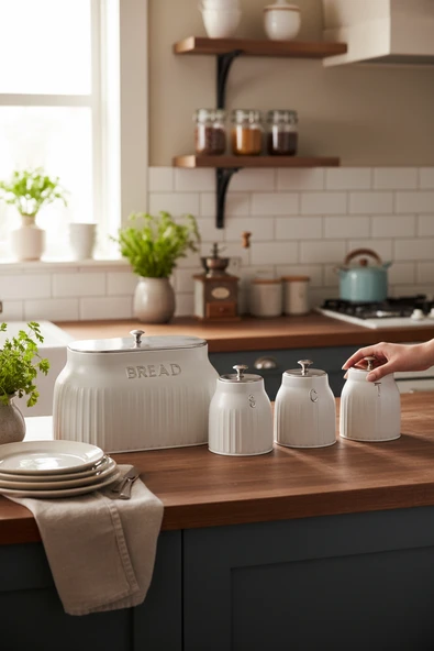 Akayev Retro Lux Line Metal Ekmek Kutusu ve 3'lü Saklama Kabı Beyaz ürün görseli 1