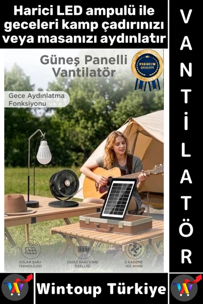 #Vantilatör Kamp Piknik Yoğun Üflemeli Güneş Panelli Şarjlı Ampullü 5 Kademeli Kablosuz Vantilatör ürün görseli 1