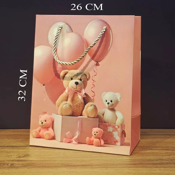 Vexor Ayıcık Desenli Pembe Büyük Boy Karton Hediye Çantası ürün görseli 1