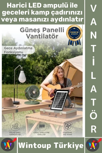 #Vantilatör Kamp Piknik Yoğun Üflemeli Güneş Panelli Şarjlı Ampullü 5 Kademeli Kablosuz Vantilatör ürün görseli 1