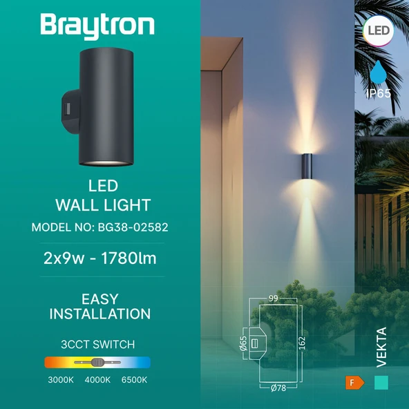 Braytron Vekta-D WL.2 2x9W LED Duvar Apliği - 3in1 Üç Renkli Gri Dış Mekan Lambası IP65 ürün görseli 1