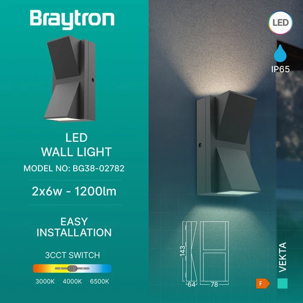 Braytron Vekta LED Çift Yönlü Dış Mekan Apliği - IP65 Antrasit Siyah Dış Mekan Uyumlu ürün görseli 1