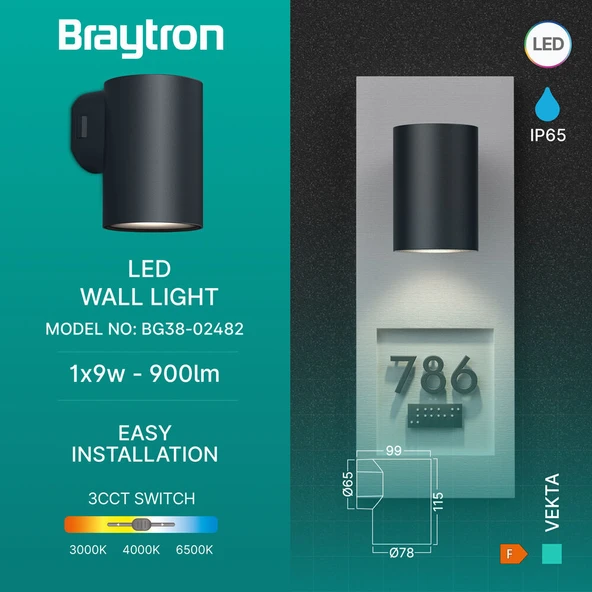 Braytron 9W Siyah LED Dış Mekan Duvar Apliği - 3000K-4000K-6500K ürün görseli 1