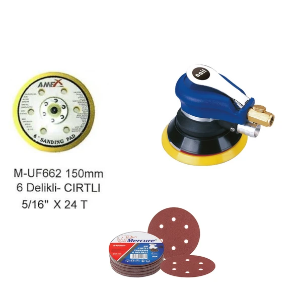 Nail-At-980-6V Havalı Döner Zımpara 150Mm+Akdeniz Cırtlı Taban 150Mm 6 Delikli M.Uf662+150mm DELİKLİ CIRT ZIMPARA 50 Adet ürün görseli 1