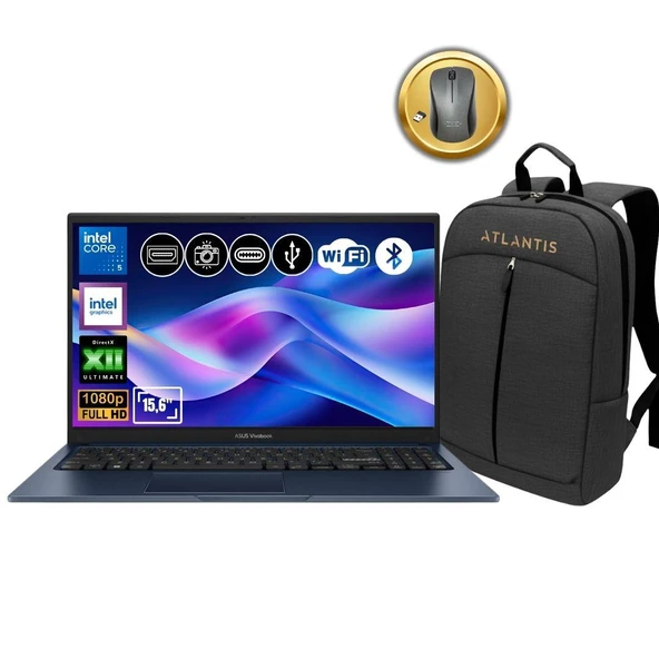 Asus Vivobook 15 X1504VA-BQ4101 ATL26 Intel Core 5 120U 8GB Ram 1TB SSD Freedos 15.6" Notebook + Çanta&Mouse ürün görseli 1