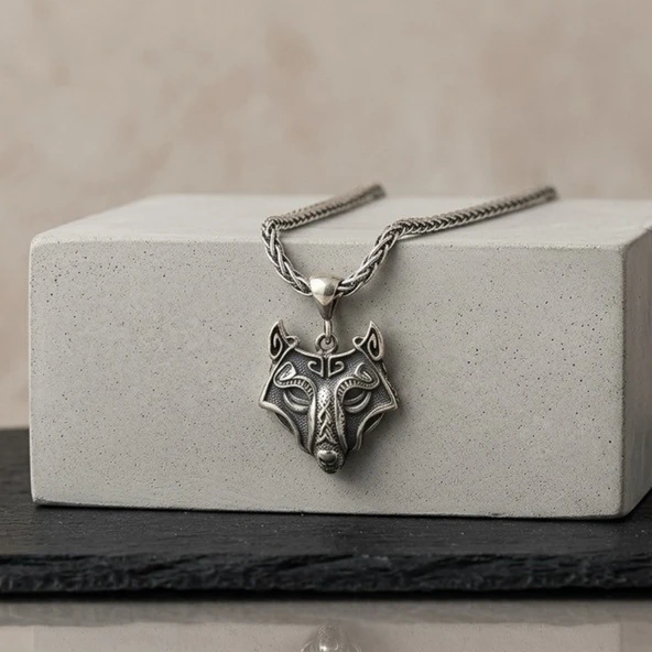 Viking Kurt Başı Kolye Erkek 925 Ayar Gümüş Wolf Head Pendant Minimalist Nordic Erkek Kolyesi ürün görseli 1